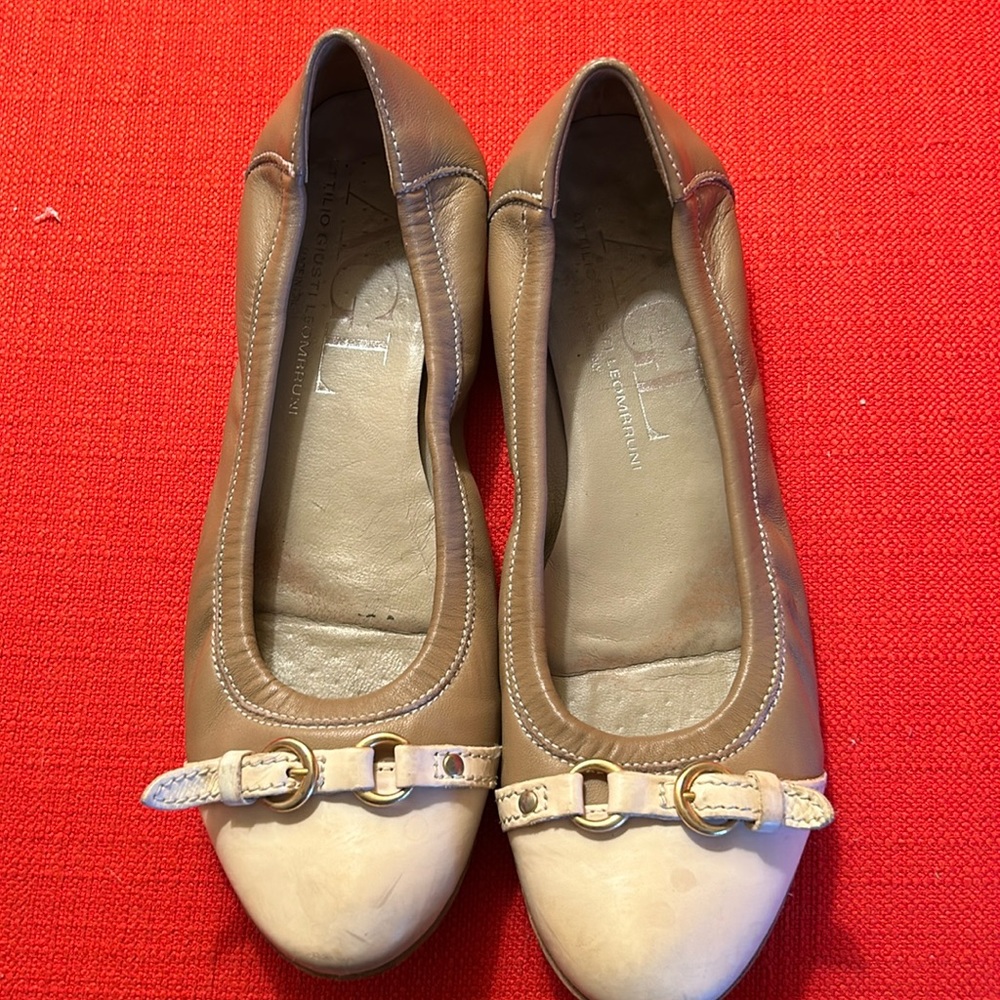 AGL bone and tan ballet flats with toe contrast